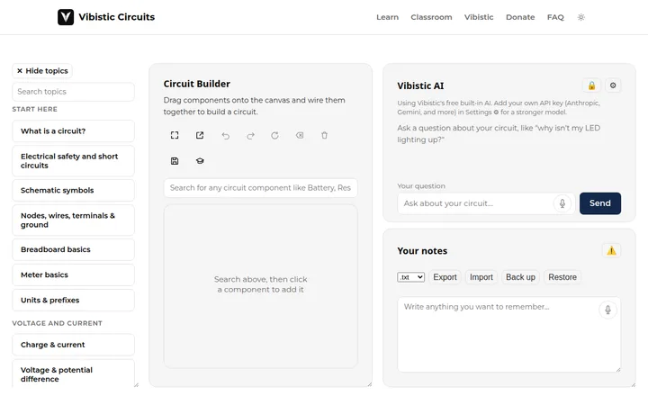 Vibistic Circuits: a circuit builder canvas with a topic list and an AI helper.