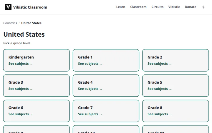 Vibistic Classroom: United States grade levels from Kindergarten to Grade 12.
