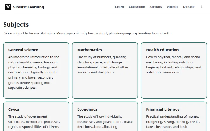 Vibistic Learning: a grid of subjects such as General Science, Mathematics and Civics.
