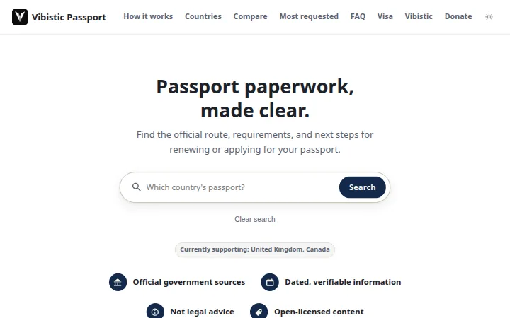 Vibistic Passport: a search box asking which country's passport.