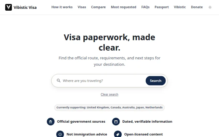 Vibistic Visa: a search box asking where you are traveling.